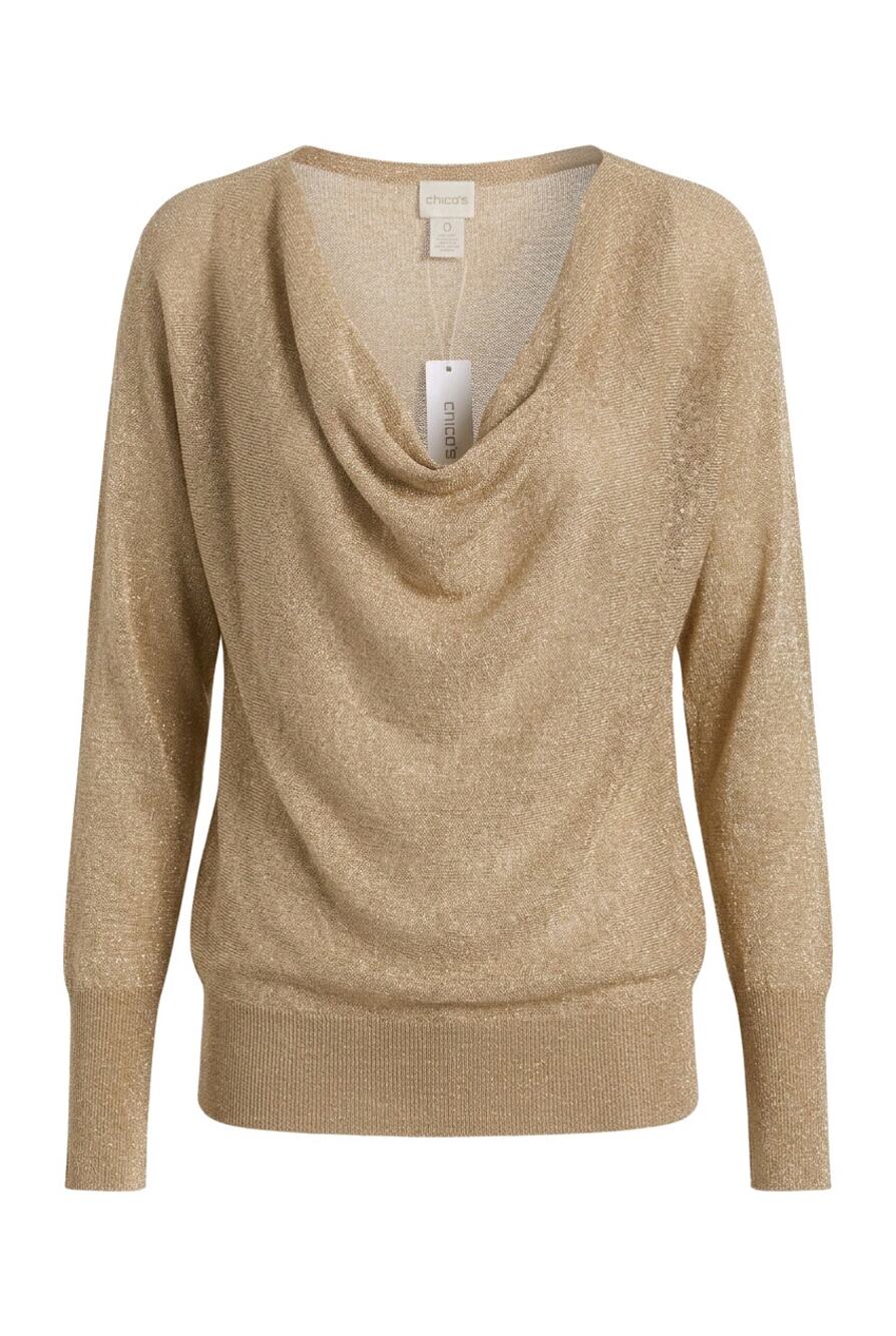 NWT Chico's Metallic Gold Cowl Neck Shimmer Pullover Sweater Blouson Size S
